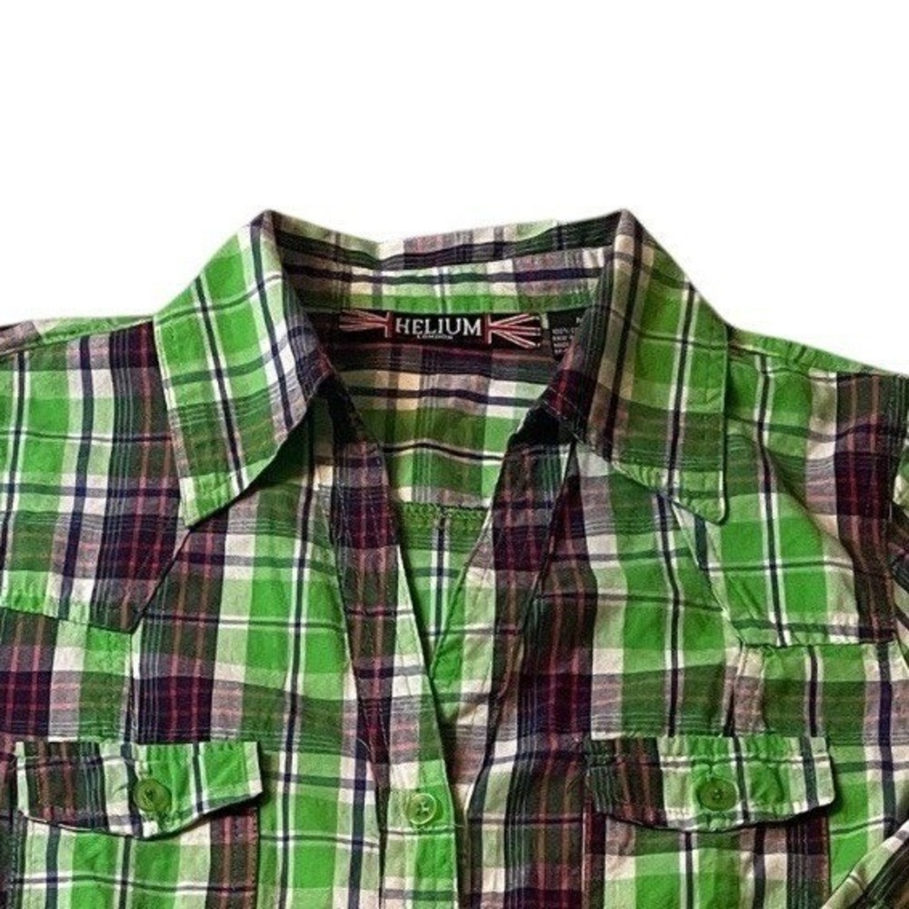 Helium London Plaid Button Down Shirt Womens Medium Green Roll Tab Sleeve Cotton